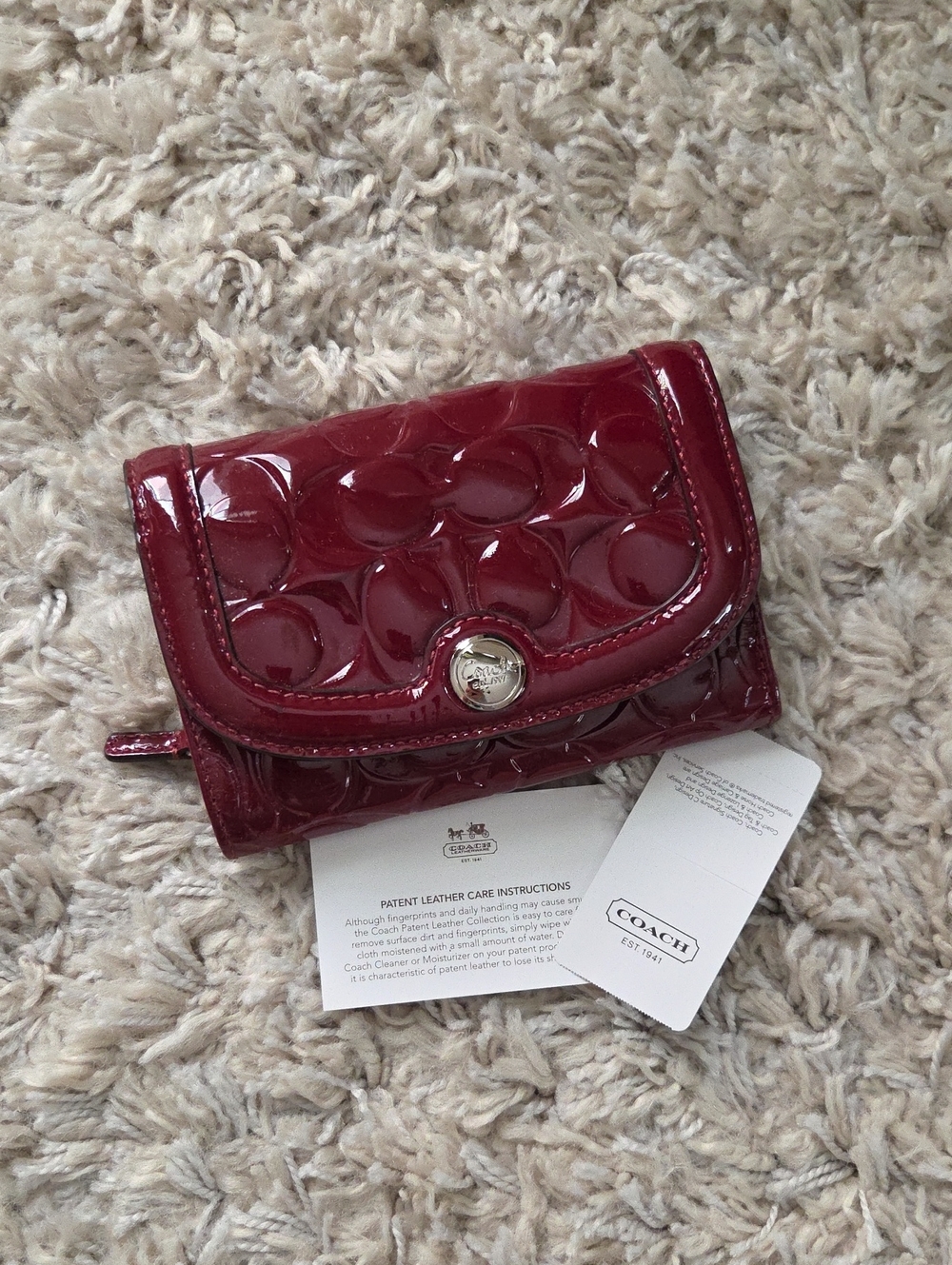 Coach Glossy Patent Signature Wallet in Deep Cherry